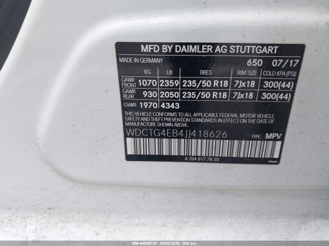 Продажа на аукционе авто 2018 Mercedes-benz Gla 250, vin: WDCTG4EB4JJ418626, номер лота: 44509730