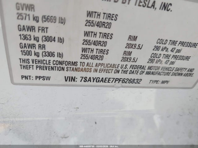 Продажа на аукционе авто 2023 Tesla Model Y Awd/long Range Dual Motor All-wheel Drive, vin: 7SAYGAEE7PF626832, номер лота: 44509750