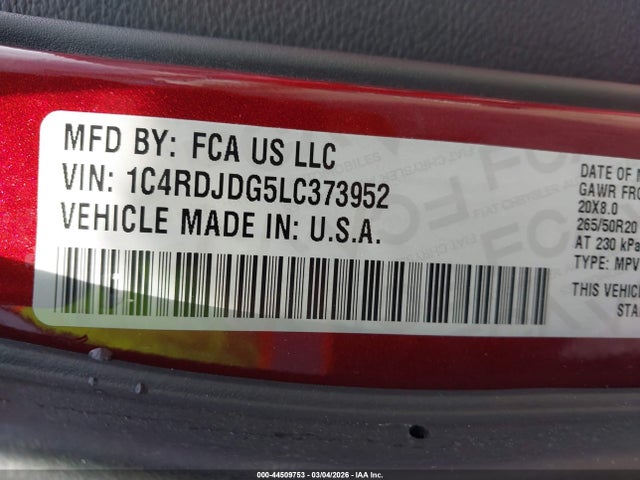 44509753 :رقم المزاد ، 1C4RDJDG5LC373952 vin ، 2020 Dodge Durango Gt Awd مزاد بيع