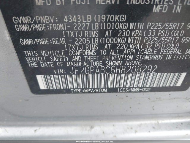 44509789 :رقم المزاد ، JF2GPABC6H8208292 vin ، 2017 Subaru Crosstrek 2.0i Premium مزاد بيع