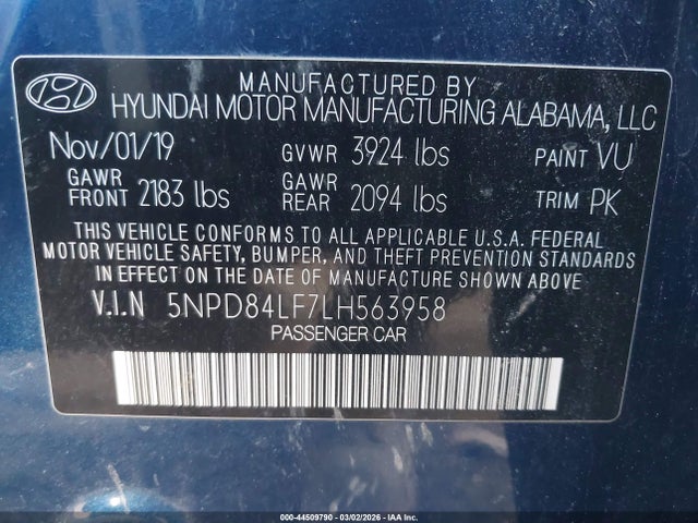 5NPD84LF7LH563958 Hyundai ELANTRA SEL