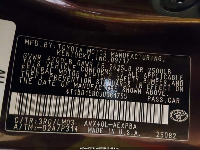 44509791 :رقم المزاد ، 4T1BD1EB0JU061755 vin ، 2018 Toyota Avalon Hybrid Limited مزاد بيع