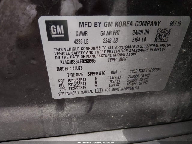 44509826 :رقم المزاد ، KL4CJBSB4FB268965 vin ، 2015 Buick Encore Convenience مزاد بيع