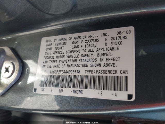 Продажа на аукционе авто 2010 Honda Accord 2.4 Lx, vin: 1HGCP2F34AA006578, номер лота: 44509849
