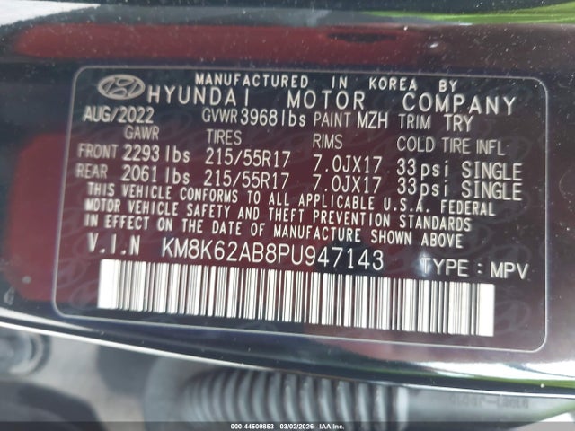 44509853 :رقم المزاد ، KM8K62AB8PU947143 vin ، 2023 Hyundai Kona Sel مزاد بيع