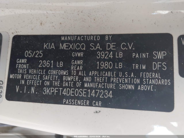 2025 Kia K4 Lx მანქანა იყიდება აუქციონზე, vin: 3KPFT4DE0SE147234, აუქციონის ნომერი: 44509864