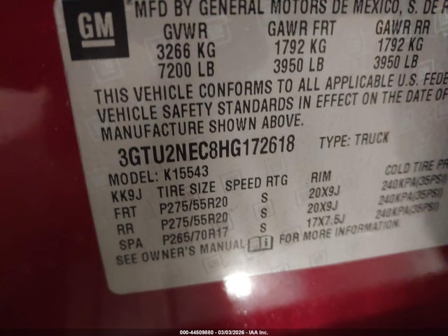 Продаж на аукціоні авто 2017 Gmc Sierra 1500 Slt, vin: 3GTU2NEC8HG172618, номер лоту: 44509880