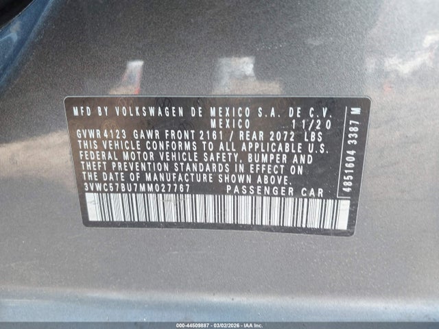 Продаж на аукціоні авто 2021 Volkswagen Jetta 1.4t R-line/1.4t S/1.4t Se, vin: 3VWC57BU7MM027767, номер лоту: 44509887