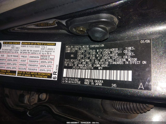 Aukcja sprzedaży 2006 Toyota 4runner Limited V6, vin: JTEZU17R560072774, numer aukcji: 44509917