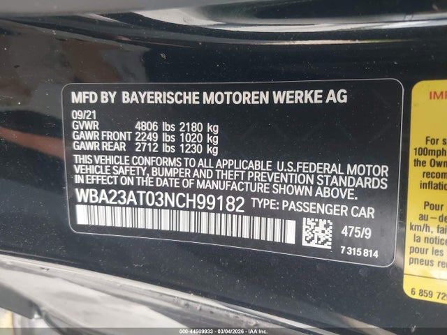 2022 Bmw 430i მანქანა იყიდება აუქციონზე, vin: WBA23AT03NCH99182, აუქციონის ნომერი: 44509933