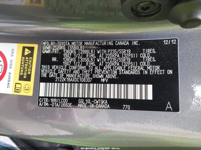 Aukcja sprzedaży 2013 Lexus Rx 350, vin: 2T2ZK1BAXDC108307, numer aukcji: 44509938