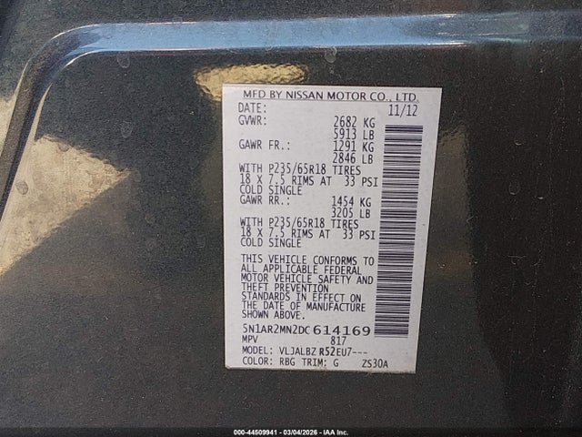 44509941 :رقم المزاد ، 5N1AR2MN2DC614169 vin ، 2013 Nissan Pathfinder S مزاد بيع