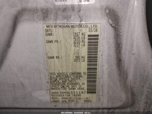 Продаж на аукціоні авто 2016 Nissan Altima 2.5 S, vin: 1N4AL3AP4GN355197, номер лоту: 44509988