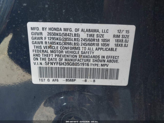5FNYF6H39GB051916 Honda Pilot Ex