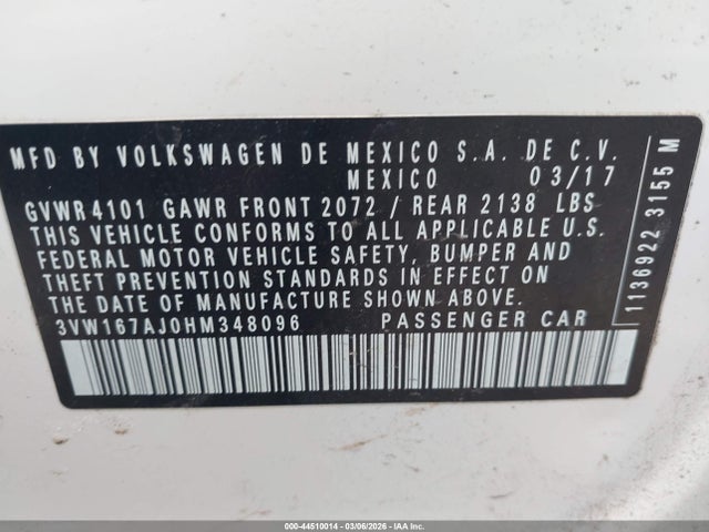 Aukcja sprzedaży 2017 Volkswagen Jetta 1.4t S, vin: 3VW167AJ0HM348096, numer aukcji: 44510014
