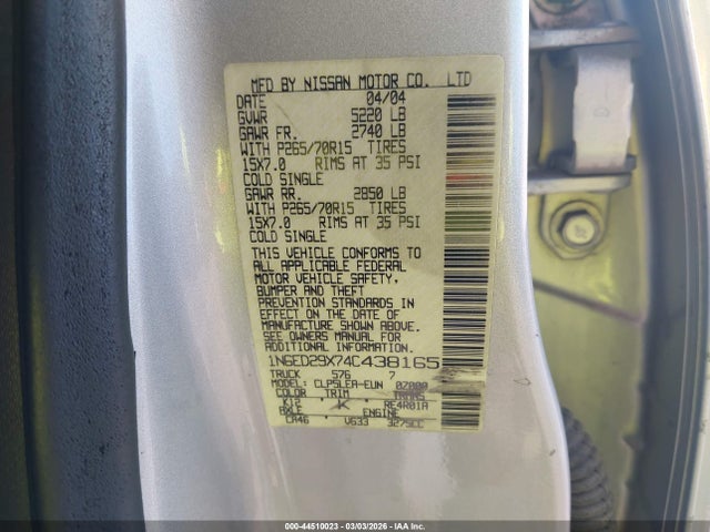 2004 Nissan Frontier Xe-v6 მანქანა იყიდება აუქციონზე, vin: 1N6ED29X74C438165, აუქციონის ნომერი: 44510023