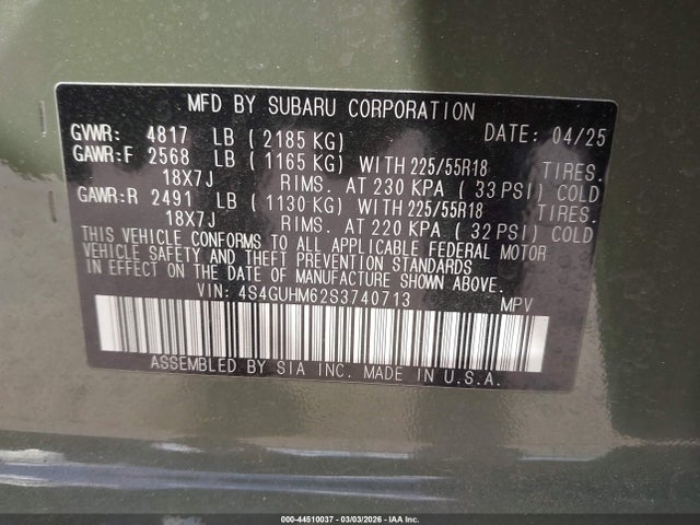 44510037 :رقم المزاد ، 4S4GUHM62S3740713 vin ، 2025 Subaru Crosstrek Limited مزاد بيع