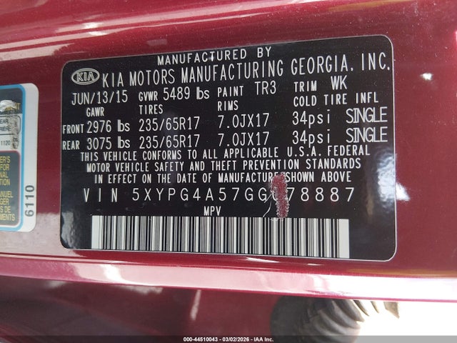 5XYPG4A57GG078887 KIA Sorento 3.3l Lx