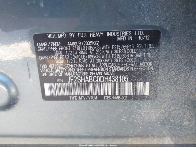 44510045 :رقم المزاد ، JF2SHABC0DH438105 vin ، 2013 Subaru Forester 2.5x مزاد بيع