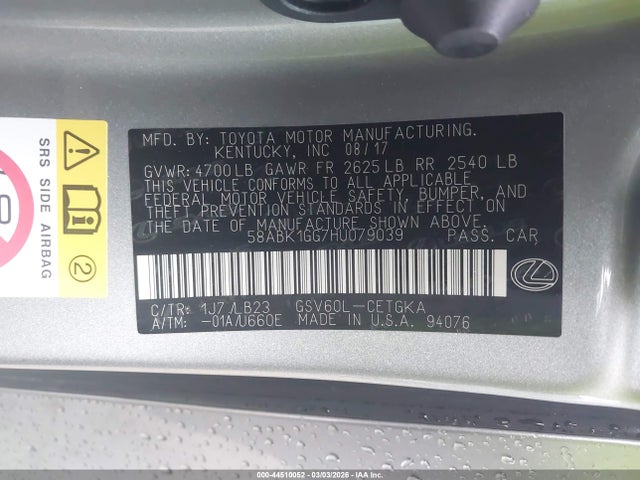 Продажа на аукционе авто 2017 Lexus Es 350, vin: 58ABK1GG7HU079039, номер лота: 44510052