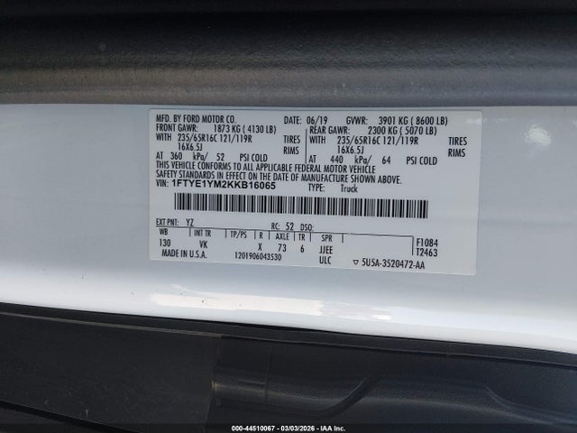2019 Ford Transit-150 მანქანა იყიდება აუქციონზე, vin: 1FTYE1YM2KKB16065, აუქციონის ნომერი: 44510067