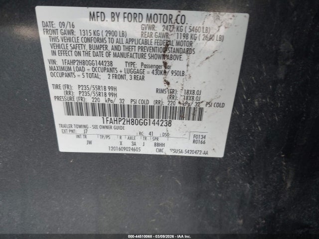 1FAHP2H80GG144238 Ford TAURUS SEL