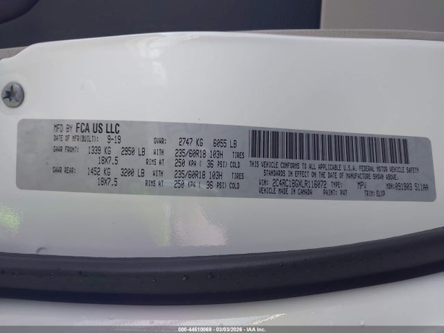 Продаж на аукціоні авто 2020 Chrysler Pacifica Touring L, vin: 2C4RC1BGXLR116072, номер лоту: 44510069