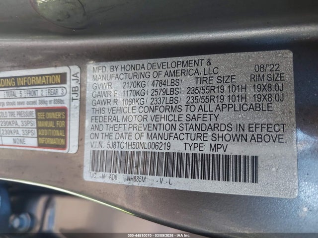 44510070 :رقم المزاد ، 5J8TC1H50NL006219 vin ، 2022 Acura Rdx Technology Package مزاد بيع