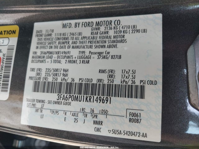 Aukcja sprzedaży 2019 Ford Fusion Hybrid Sel, vin: 3FA6P0MU1KR149691, numer aukcji: 44510074