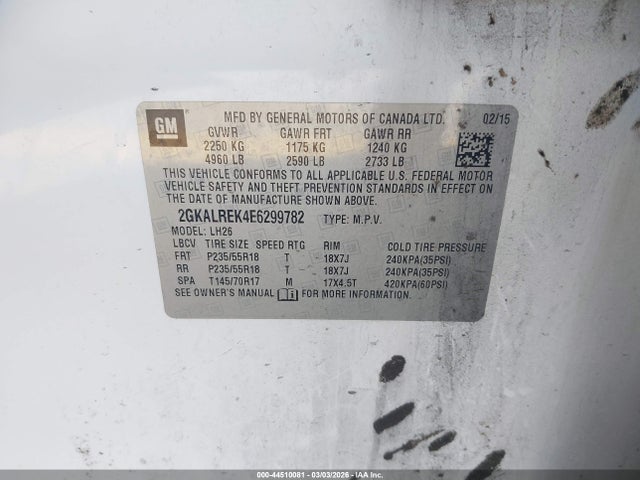 44510081 :رقم المزاد ، 2GKALREK4F6299782 vin ، 2015 Gmc Terrain Sle-2 مزاد بيع