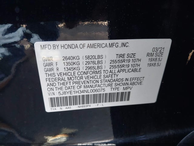 5J8YE1H34NL006075 Acura Mdx Standard