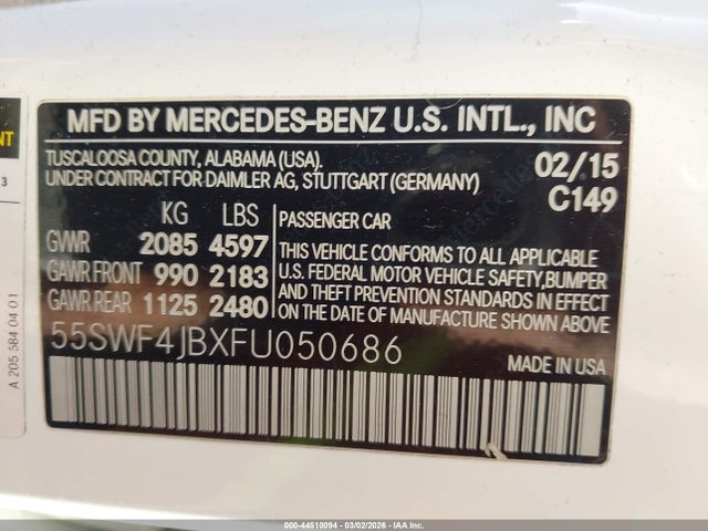 44510094 :رقم المزاد ، 55SWF4JBXFU050686 vin ، 2015 Mercedes-benz C 300 مزاد بيع