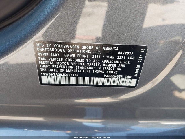 Aukcja sprzedaży 2018 Volkswagen Passat 2.0t Se, vin: 1VWBA7A30JC002125, numer aukcji: 44510127