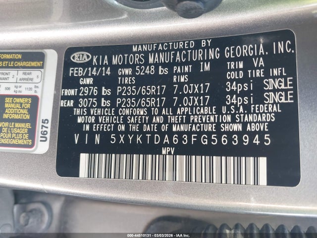 5XYKTDA63FG563945 KIA SORENTO LX