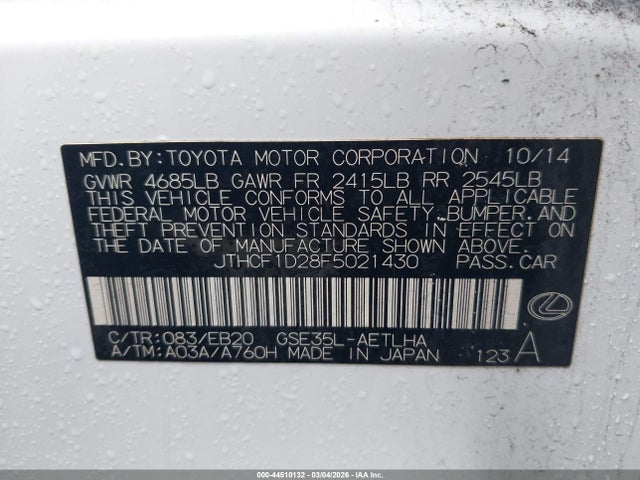 Aukcja sprzedaży 2015 Lexus Is 250, vin: JTHCF1D28F5021430, numer aukcji: 44510132