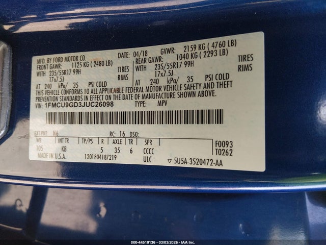 Ford ESCAPE SE 2018 1FMCU9GD3JUC26098 Image 9