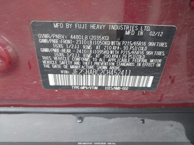 Aukcja sprzedaży 2012 Subaru Forester 2.5x, vin: JF2SHABC2CH452411, numer aukcji: 44510147