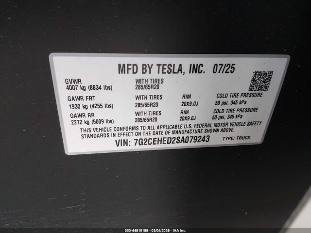 44510155 :رقم المزاد ، 7G2CEHED2SA079243 vin ، 2025 Tesla Cybertruck All-wheel Drive مزاد بيع