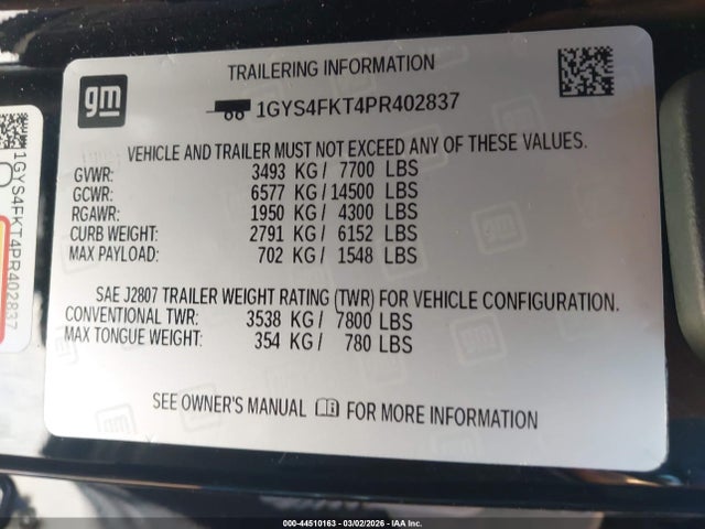 2023 Cadillac Escalade 4wd Sport მანქანა იყიდება აუქციონზე, vin: 1GYS4FKT4PR402837, აუქციონის ნომერი: 44510163