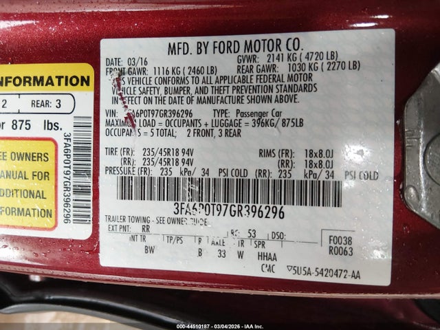 2016 FORD FUSION 3FA6P0T97GR396296 Photo 8