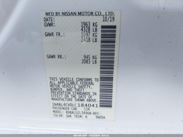 1N4BL4CV0LC184041 Nissan Altima Sr Fwd