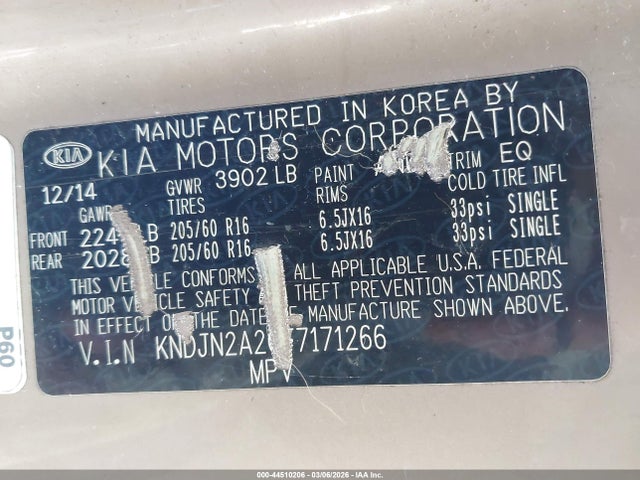 44510206 :رقم المزاد ، KNDJN2A20F7171266 vin ، 2015 Kia Soul مزاد بيع