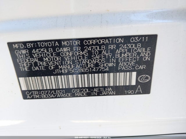 44510221 :رقم المزاد ، JTHBF5C28B5147754 vin ، 2011 Lexus Is 250 مزاد بيع
