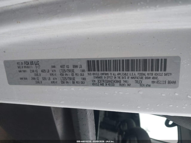 44510225 :رقم المزاد ، 3C6TRVDGXHE543048 vin ، 2017 Ram Promaster 2500 High Roof 159 Wb مزاد بيع