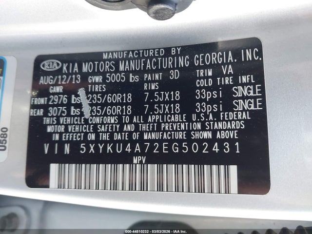 KIA Sorento Ex V6 2014 5XYKU4A72EG502431 Image 9