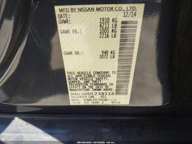 2015 Nissan Altima 2.5 Sl მანქანა იყიდება აუქციონზე, vin: 1N4AL3AP2FC238518, აუქციონის ნომერი: 44510240