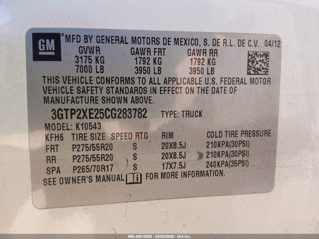 Продаж на аукціоні авто 2012 Gmc Sierra 1500 Denali, vin: 3GTP2XE25CG283782, номер лоту: 44510263