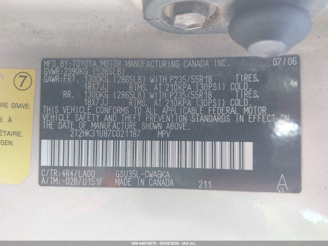 Aukcja sprzedaży 2007 Lexus Rx 350, vin: 2T2HK31U87C021187, numer aukcji: 44510270
