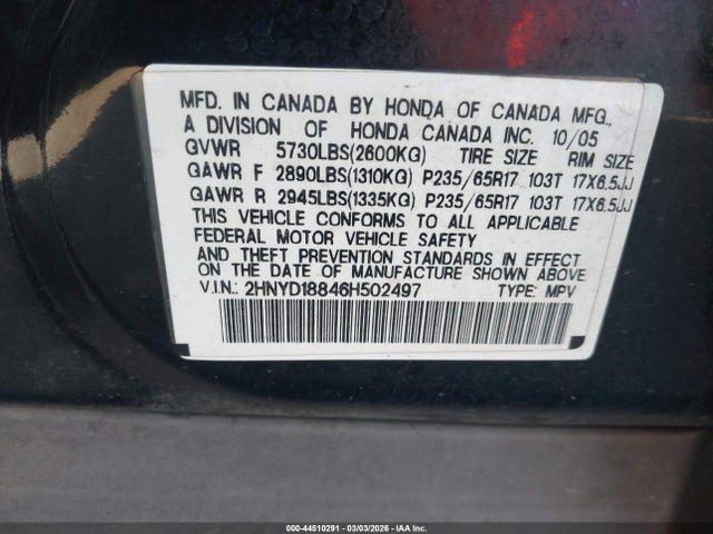 Aukcja sprzedaży 2006 Acura Mdx, vin: 2HNYD18846H502497, numer aukcji: 44510291