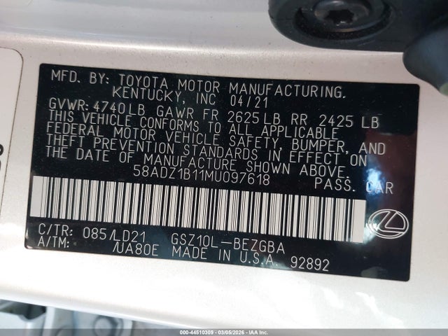 2021 Lexus Es 350 მანქანა იყიდება აუქციონზე, vin: 58ADZ1B11MU097618, აუქციონის ნომერი: 44510309